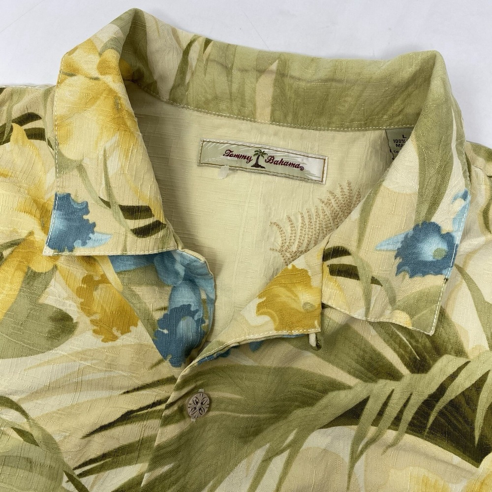 Tommy Bahama Shirt Mens Large Green Yellow Tropical Floral 100% Silk Camp Button